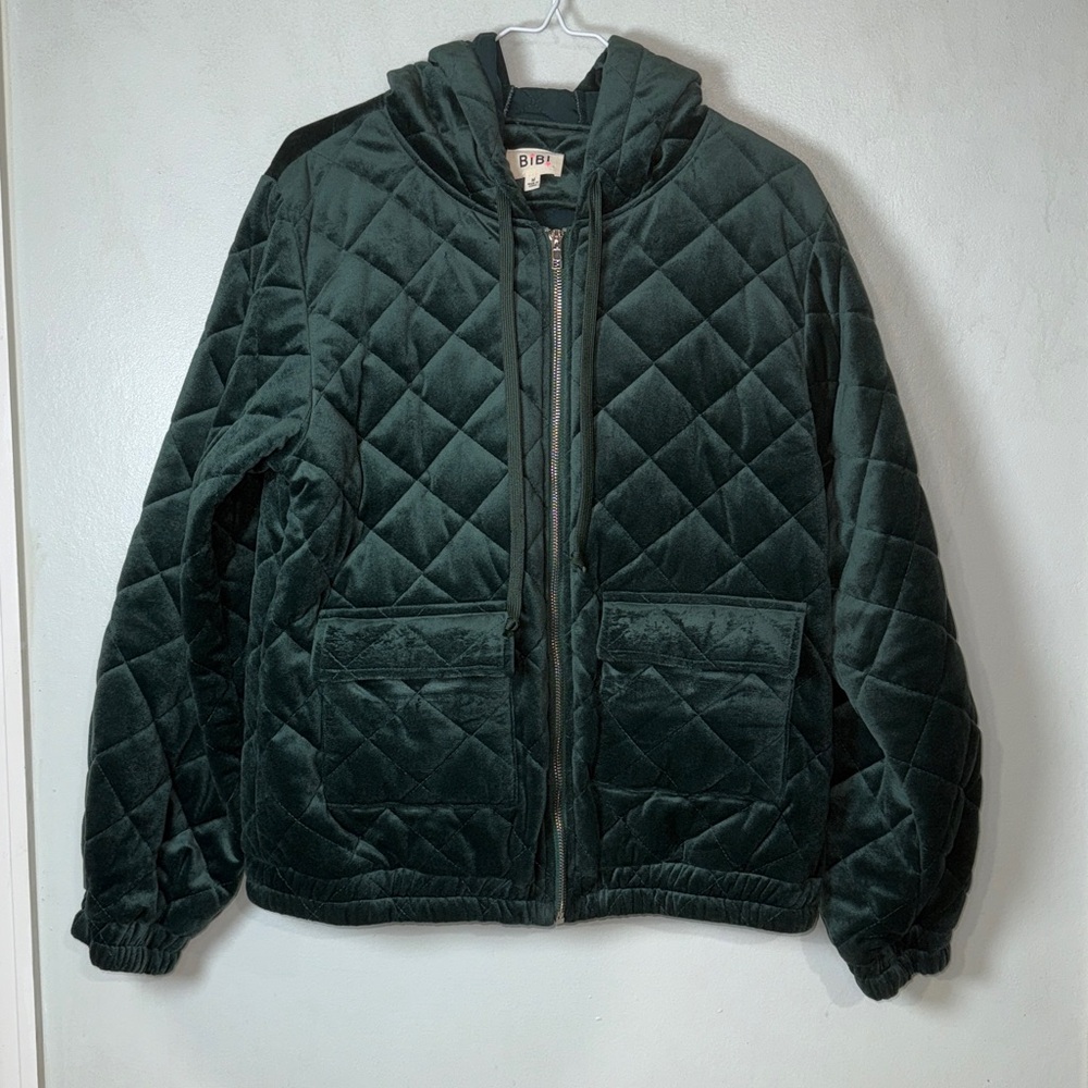 BiBi Deep Green Diamond Quilted Velvet Teddy Jacket Women’s Size M
